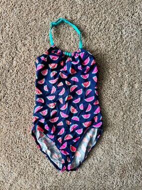 Girls Boden Navy One-Piece Swimsuit with Pink Watermelon Print | 9-10Y (140cm)